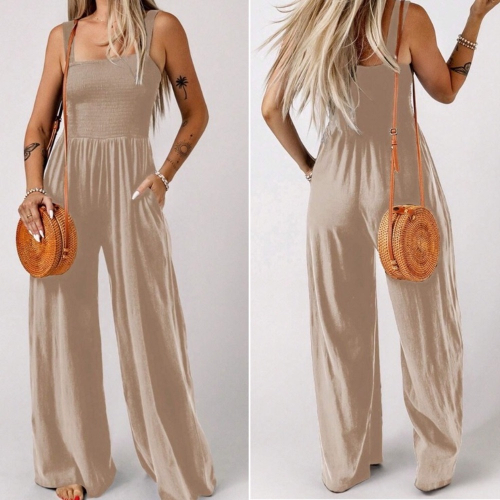 Boho smocked bodice wide leg wide straps cami jumpsuit - Picture 8 of 8